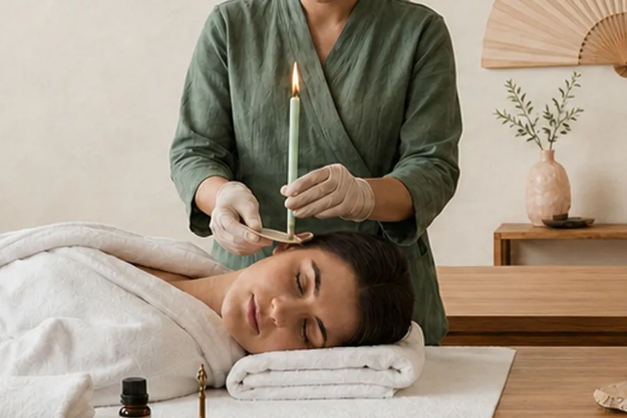 Ear-Candling-Clinic A woman gets ear candling treatment at a spa. Schedule ear candling services from Markham Natural Health Centre in Greater Toronto.