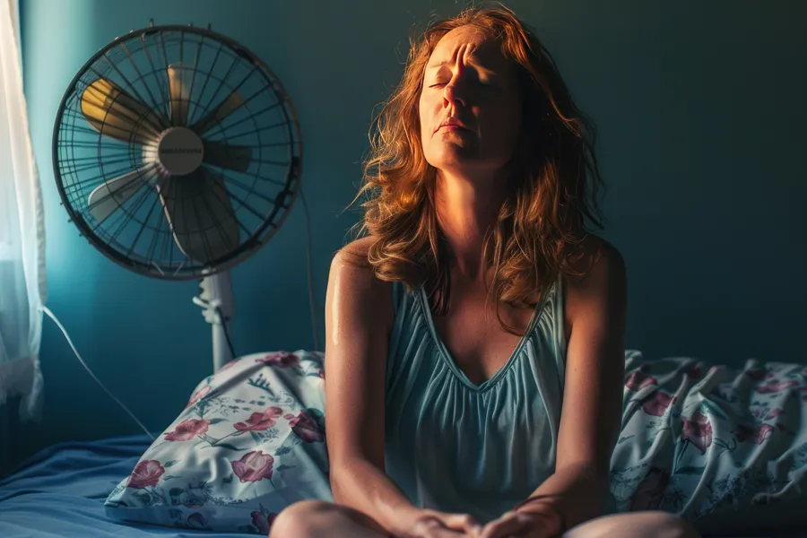Hot-Flashes-and-Night-Sweats-Clinic A middle-aged red-haired woman sits in bed sweating with a fan behind her, unable to sleep. Get treatment for hot flashes and night sweats from Markham Natural Health Centre in Greater Toronto.