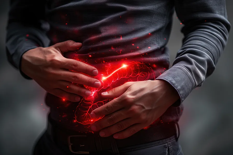 Inflammotory-Bowel-Disease-IBD-Clinic A man clutches his abdomen, with a digital illustration of inflamed intestines glowing in red. Markham Natural Health Centre offers advanced inflammatory bowel disease (IBD) treatment in Greater Toronto using functional medicine and gut-focused therapies.