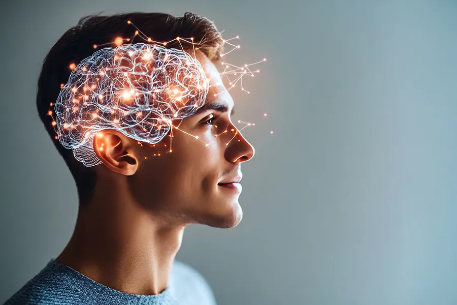 Quantum-Biofeedback-Clinic 3D illustration of brain activity superimposed over a man's head. Schedule quantum biofeedback therapy from Markham Natural Health Centre in Greater Toronto.